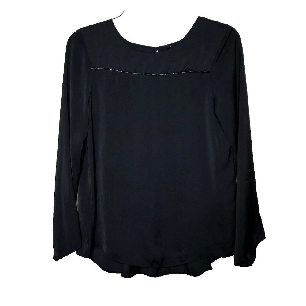 Zara S Women's Black Embellished Trim Split Flyaway Back Top Blouse
